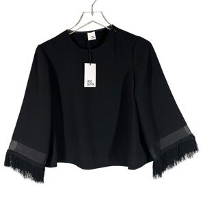 IRIS & INK Women's 6 Black Boxy Fit Cropped Crewneck Blouse with Sheer & Fringe